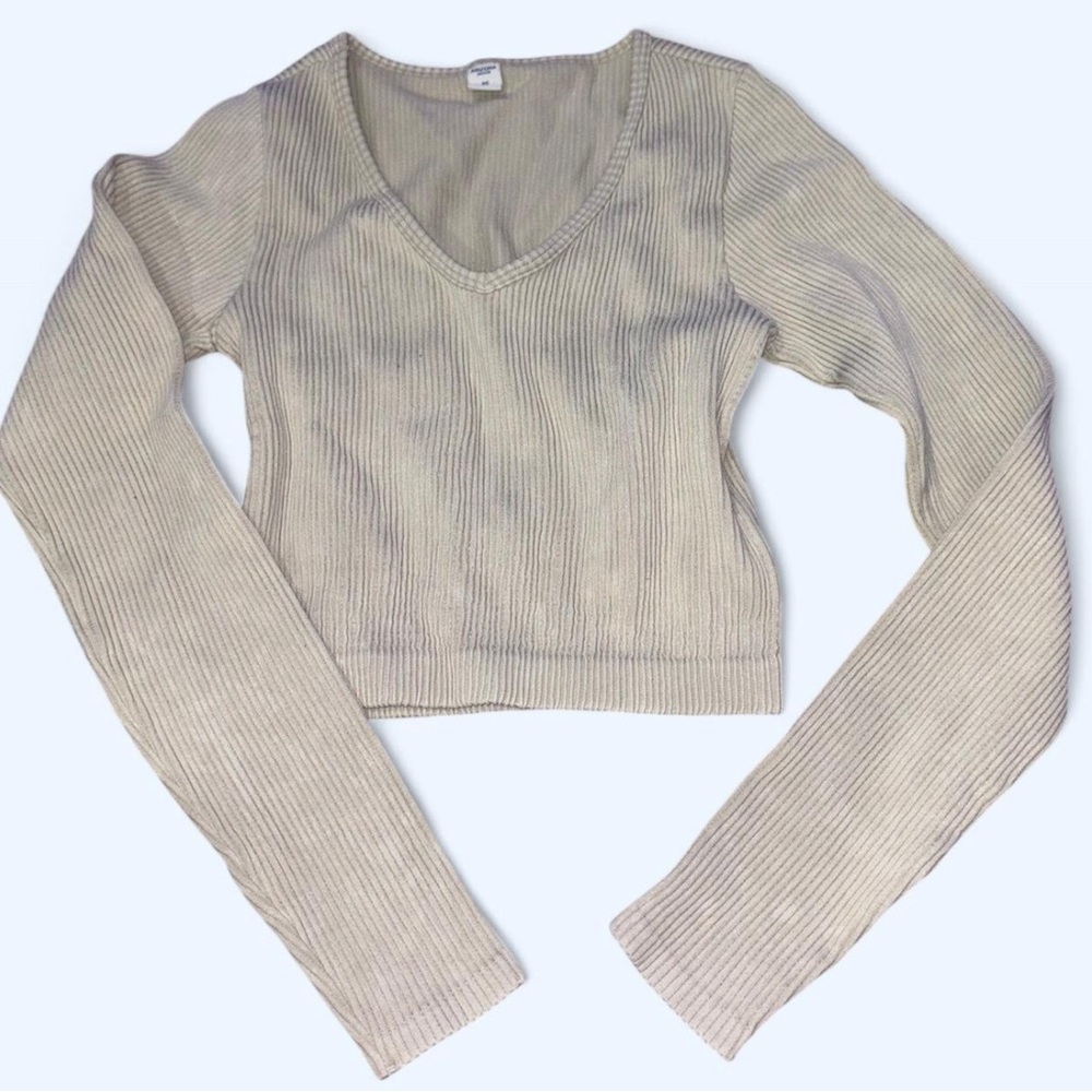 Cream Ribbed Long Sleeve Crop Top